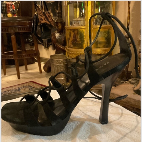 Bebe Tie Up Black Strappy Sandals Stiletto Heels Size 8 Platform - Picture 1 of 8